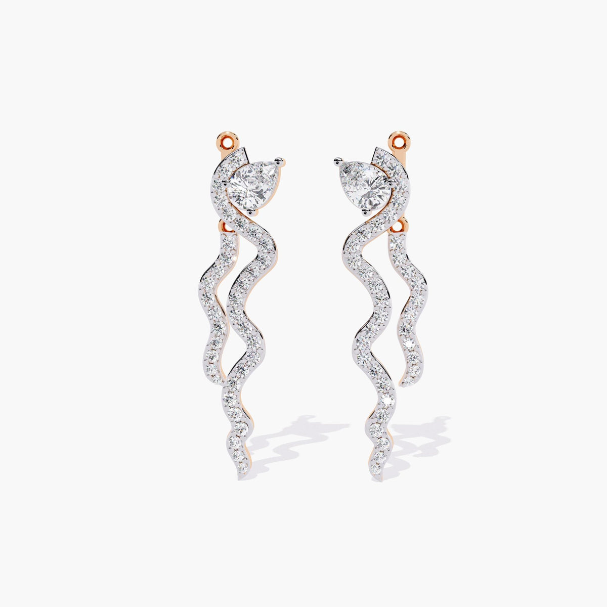 A pair of rose gold diamond earrings with a spiral design. The earrings are dangling and have a thin, curved shape with small diamonds.