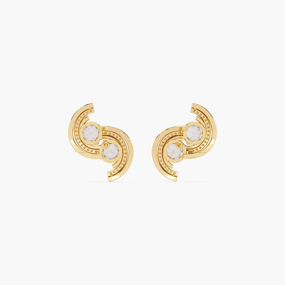 A pair of gold earrings with a curved, asymmetrical shape and diamond stones.
