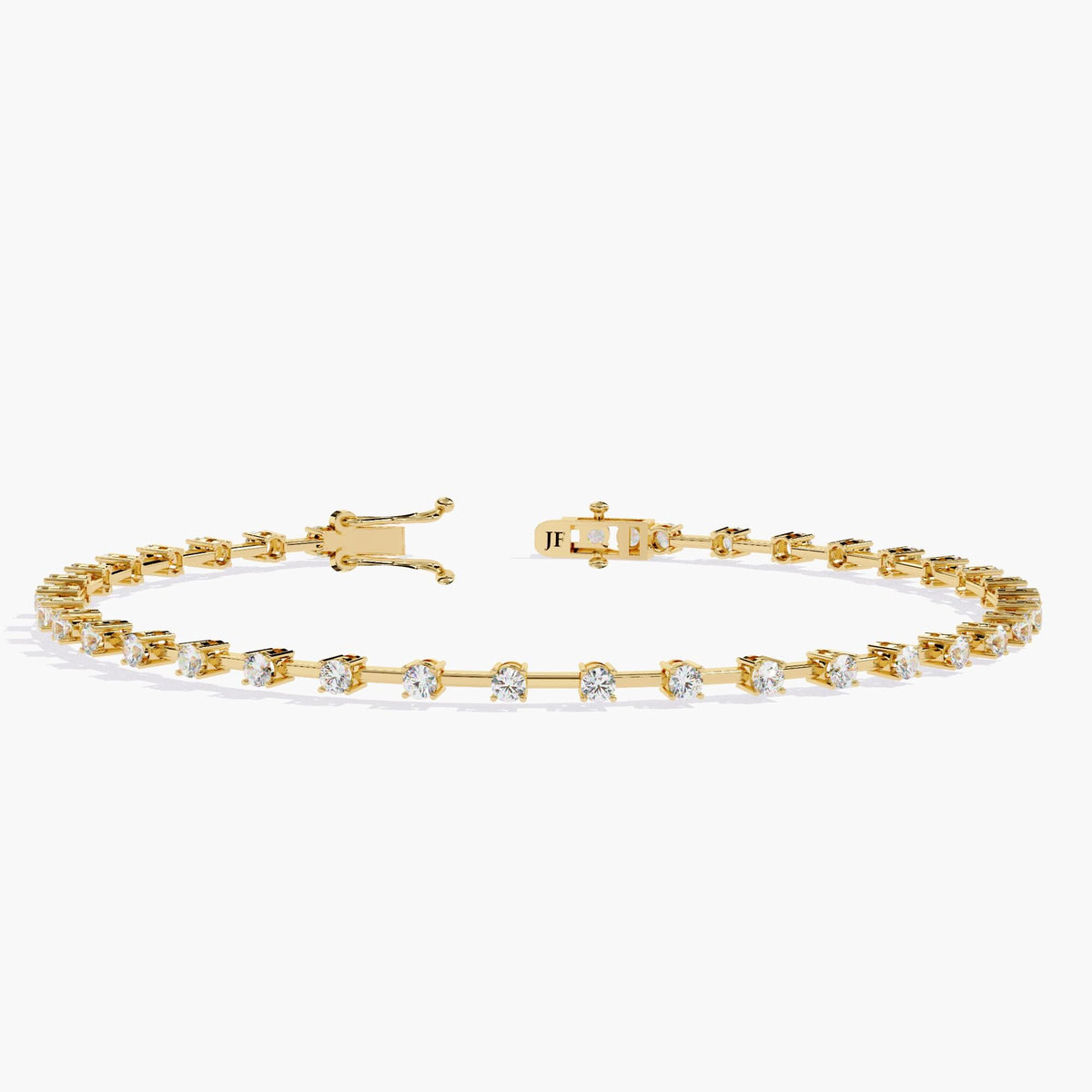 Close-up of a 14K yellow gold tennis bracelet with a continuous row of round-cut diamonds set in classic prongs. The bracelet features a secure double-latch clasp and bright, sparkling diamonds that contrast beautifully with the warm gold. Perfect for everyday luxury or special occasions like anniversaries or milestone birthdays.