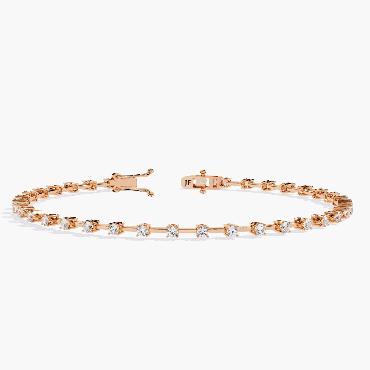 Front view of a 14K rose gold diamond tennis bracelet featuring a continuous row of round-cut natural diamonds. The slim rose gold band enhances the sparkle of each diamond, and the clasp is designed with double-latch security. A timeless gift choice for anniversaries, birthdays, or bridal jewelry, perfect for everyday luxury or formal occasions.