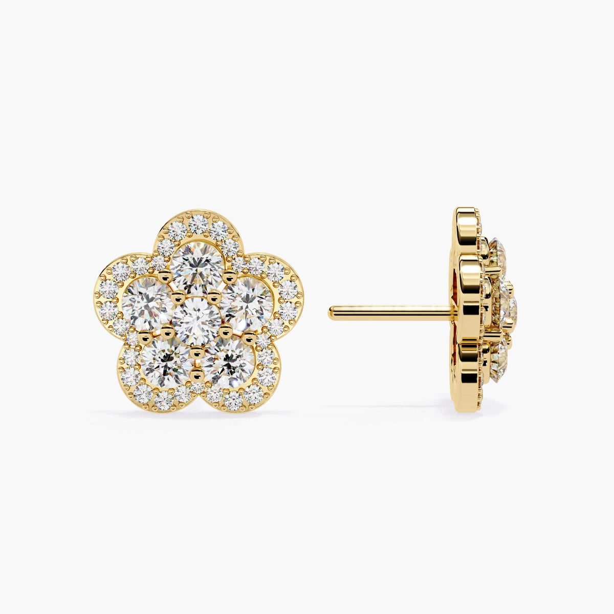 14K Gold Round Lab Grown Diamond Floral Stud Earrings, 1 CTW