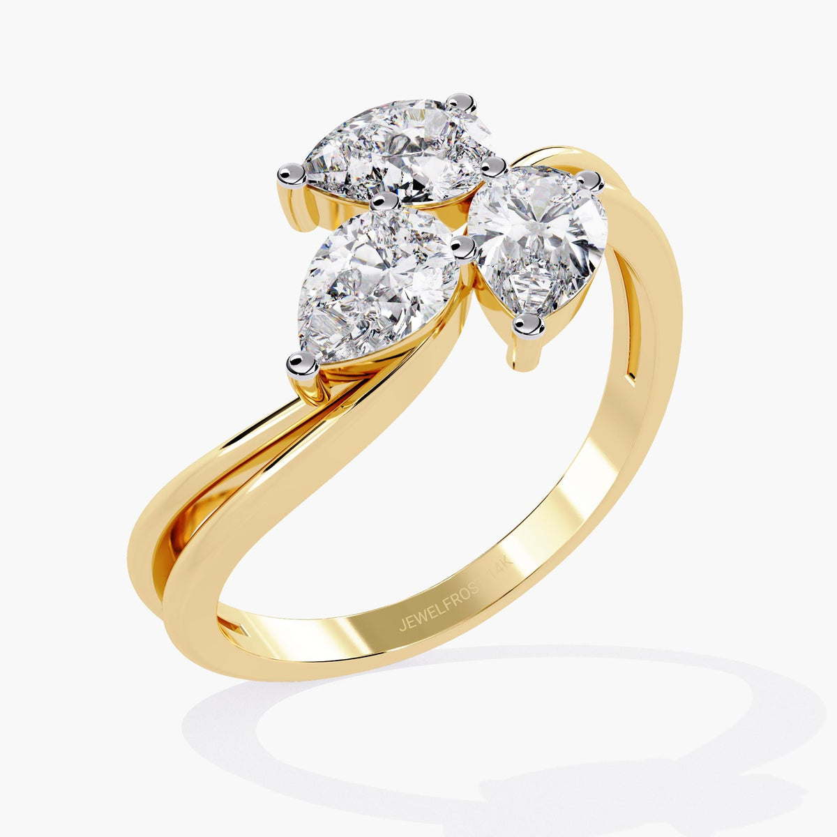 A gold ring with a delicate branch design featuring clear, marquise-shaped stones.