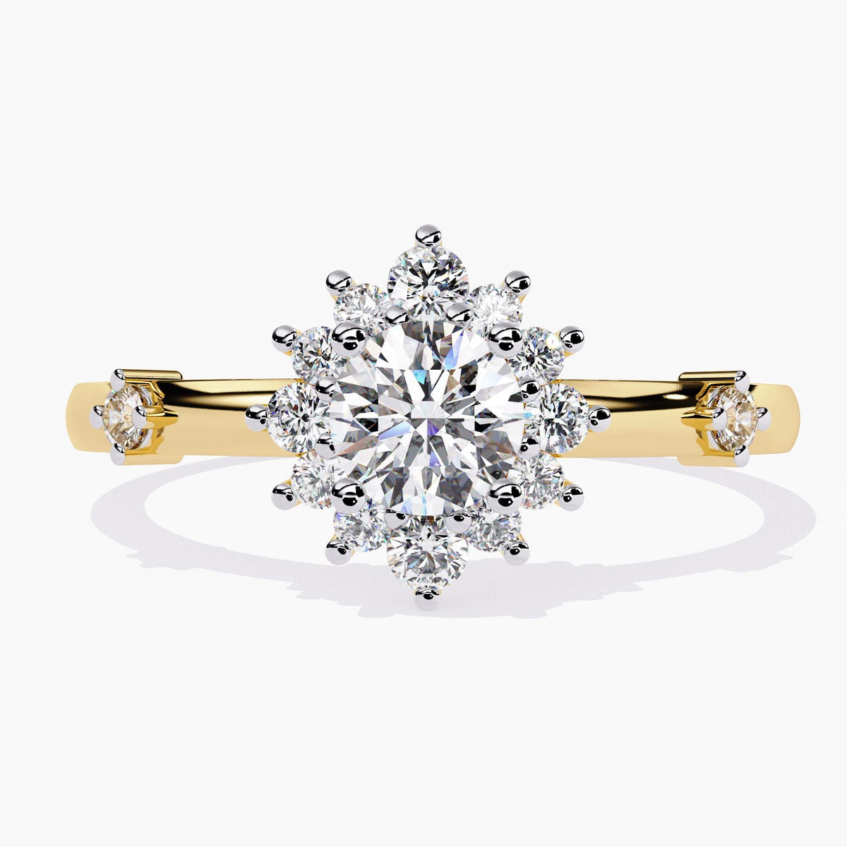 A gold ring with a large, round, clear diamond surrounded by a halo of smaller diamonds.