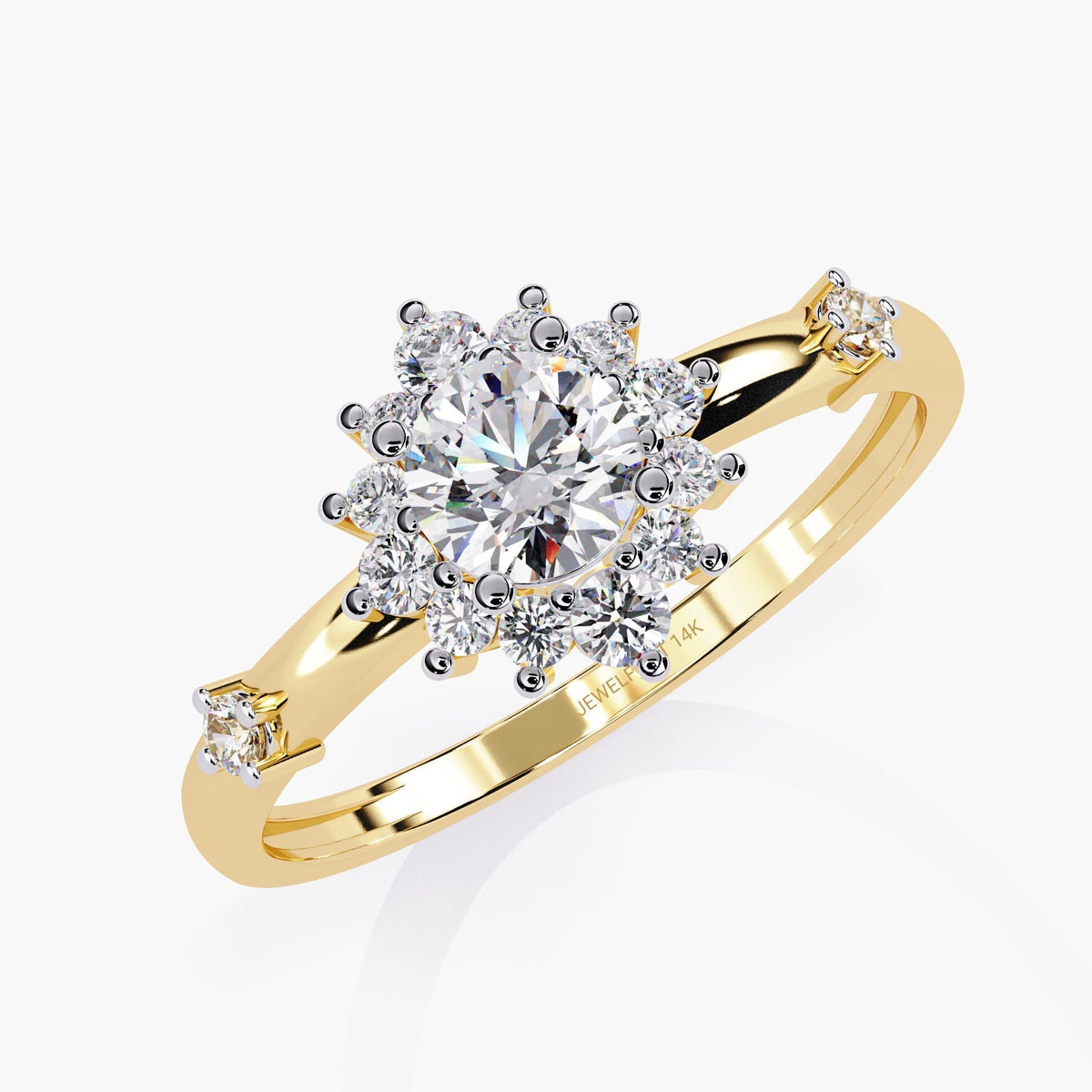 A gold ring with a large, round, clear diamond surrounded by a halo of smaller diamonds.