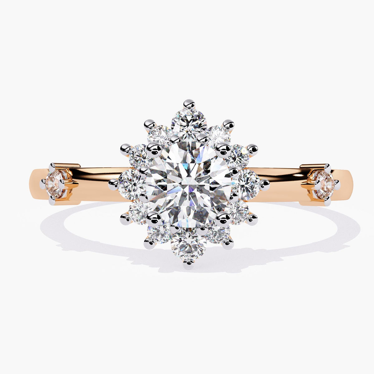 A rose gold ring with a large, round, clear diamond surrounded by a halo of smaller diamonds.