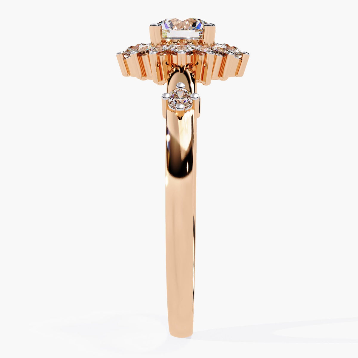 A rose gold ring with a large, round, clear diamond surrounded by a halo of smaller diamonds.