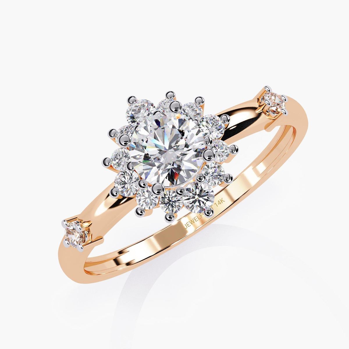 A rose gold ring with a large, round, clear diamond surrounded by a halo of smaller diamonds.