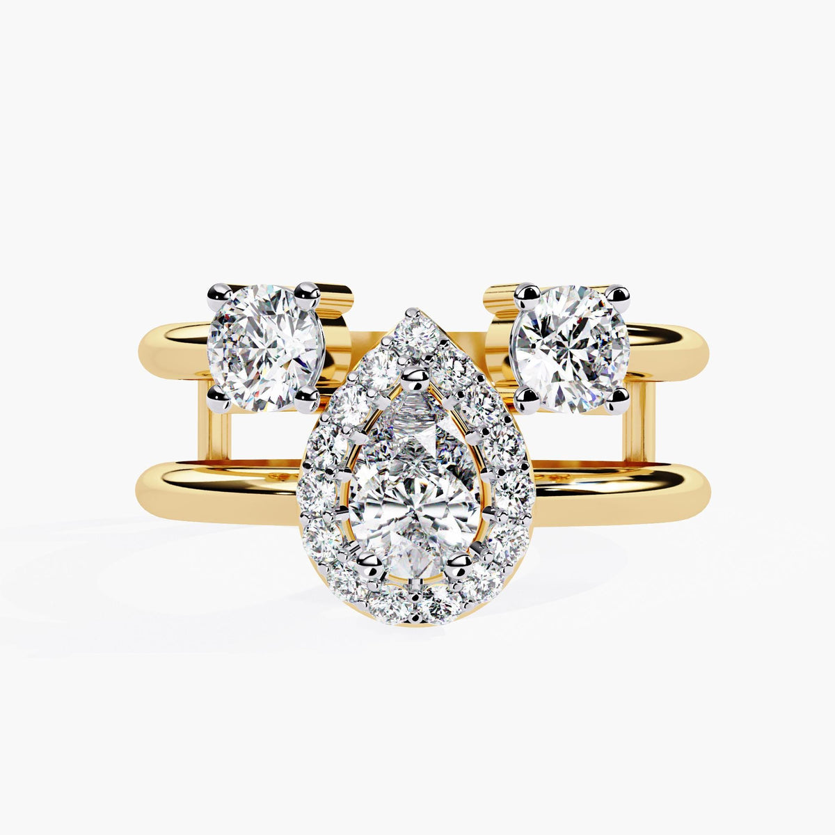 A three stone ring with a large center pear brilliant cut diamond and two smaller round brilliant cut diamonds on either side.