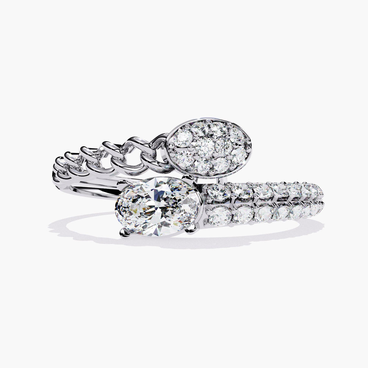 Oval Diamond Bypass Bezel Ring, Dainty Crossed Open Bezel Set.