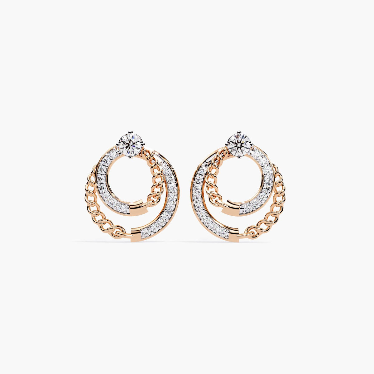 Rose gold open circle stud earrings with diamond and curb chain detail.