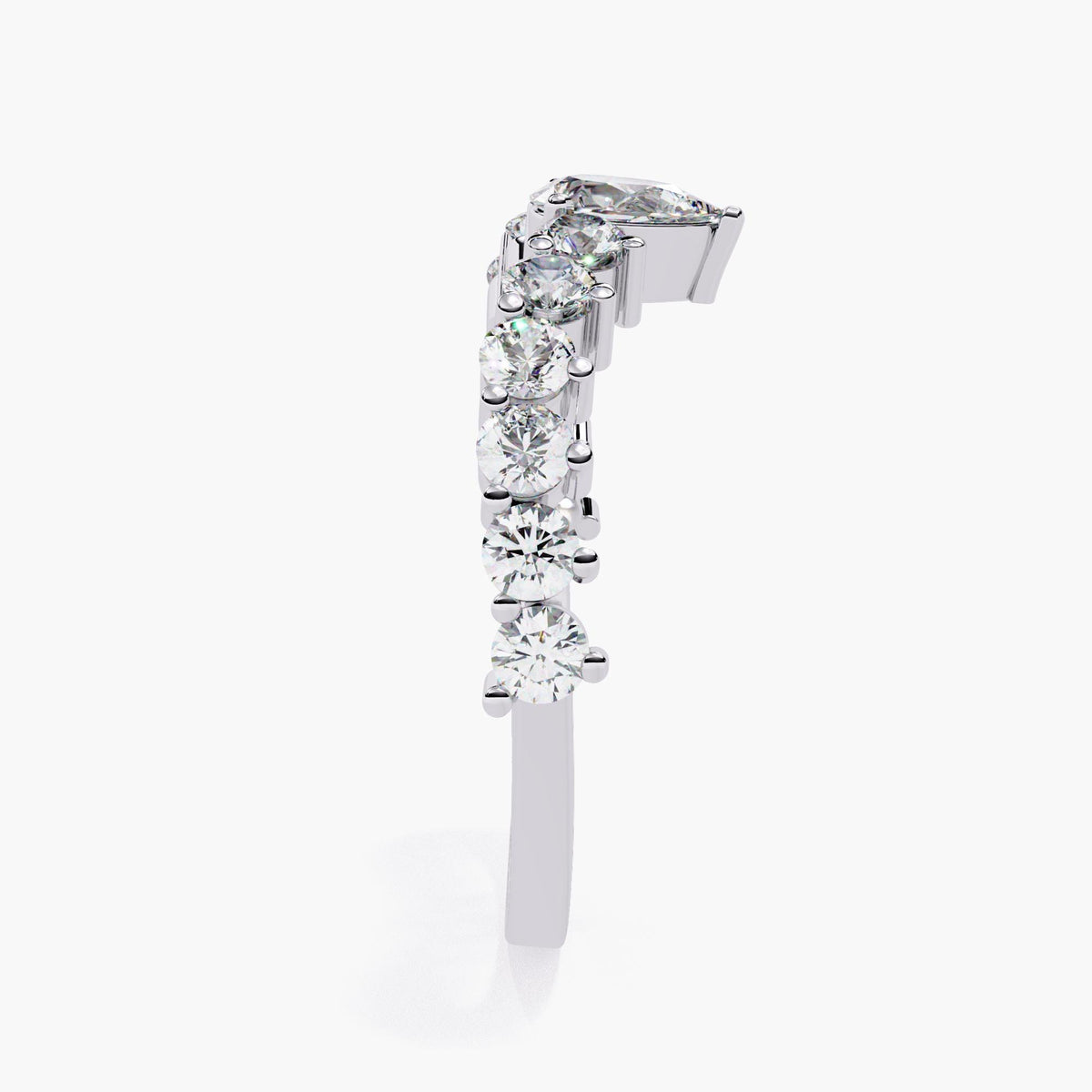 A white gold band with a row of small, clear diamonds set in a curved arch shape.