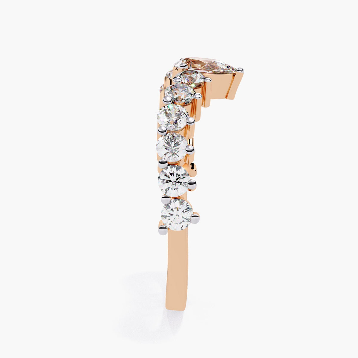 A rose gold band with a row of small, clear diamonds set in a curved arch shape.