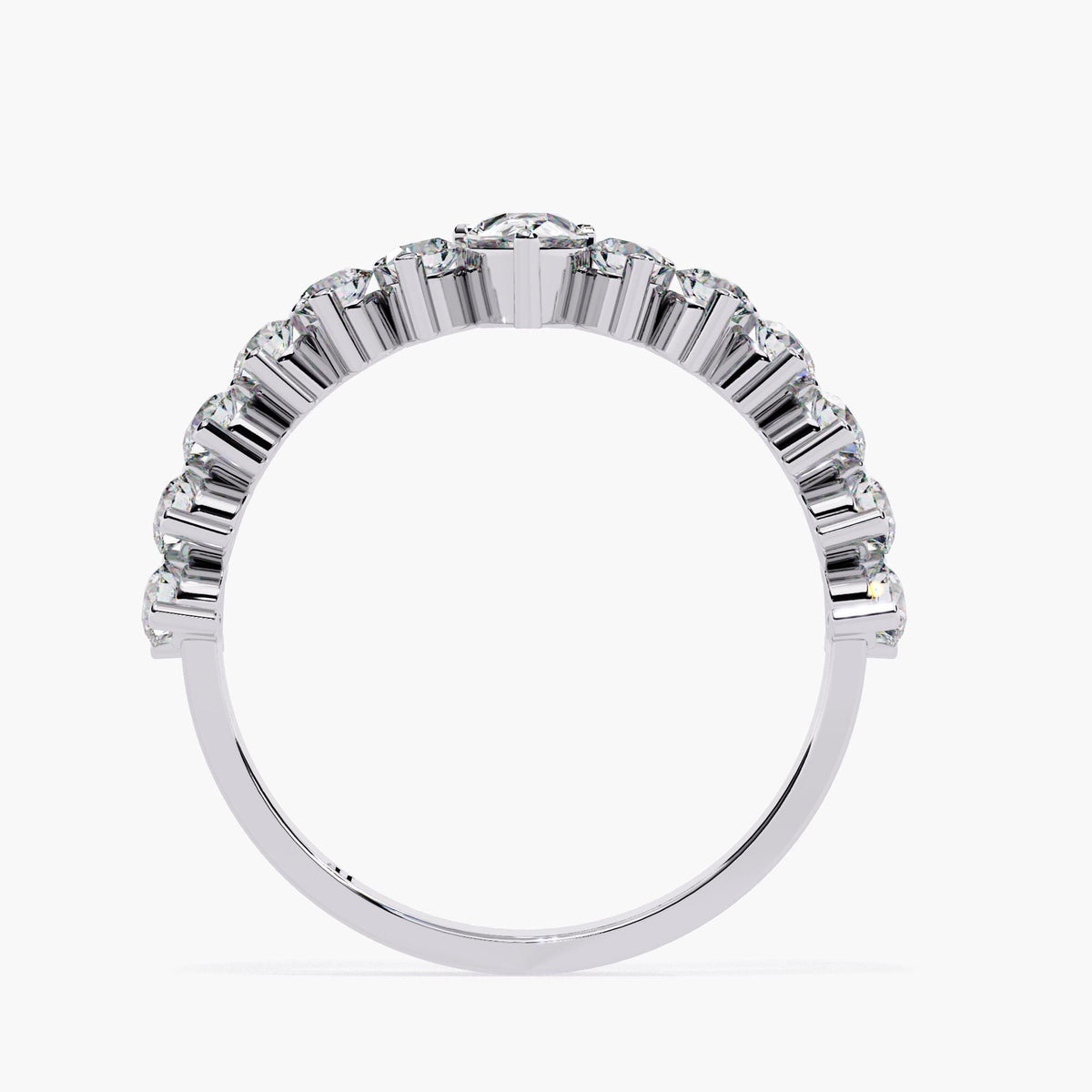 A white gold band with a row of small, clear diamonds set in a curved arch shape.