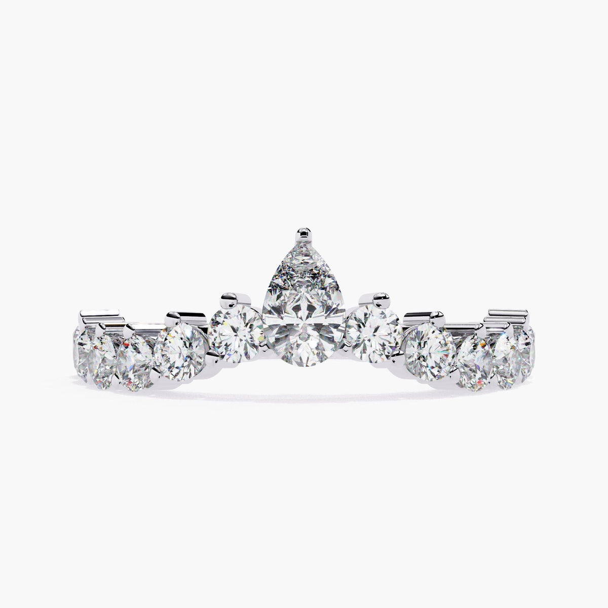 A white gold band with a row of small, clear diamonds set in a curved arch shape.
