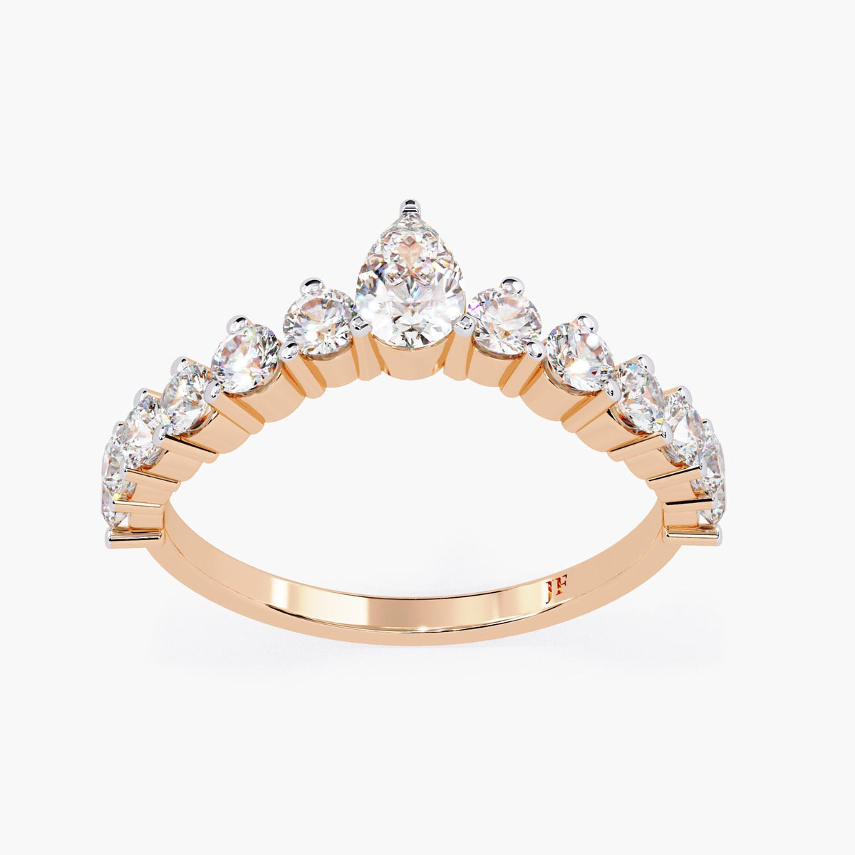 A rose gold band with a row of small, clear diamonds set in a curved arch shape.