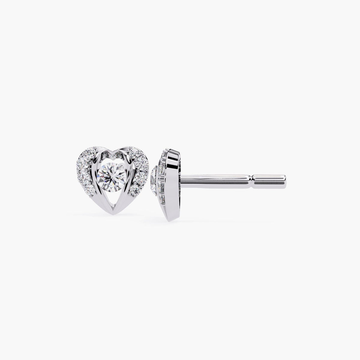 A pair of small heart-shaped earrings featuring a solitaire diamond at the center, surrounded by a pavé diamond setting.