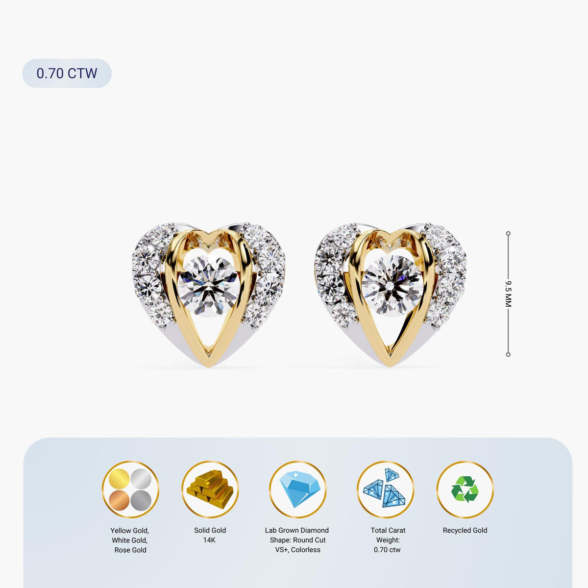 14K Gold Round Lab Grown Diamond Heart Stud Earrings, 0.70 CTW