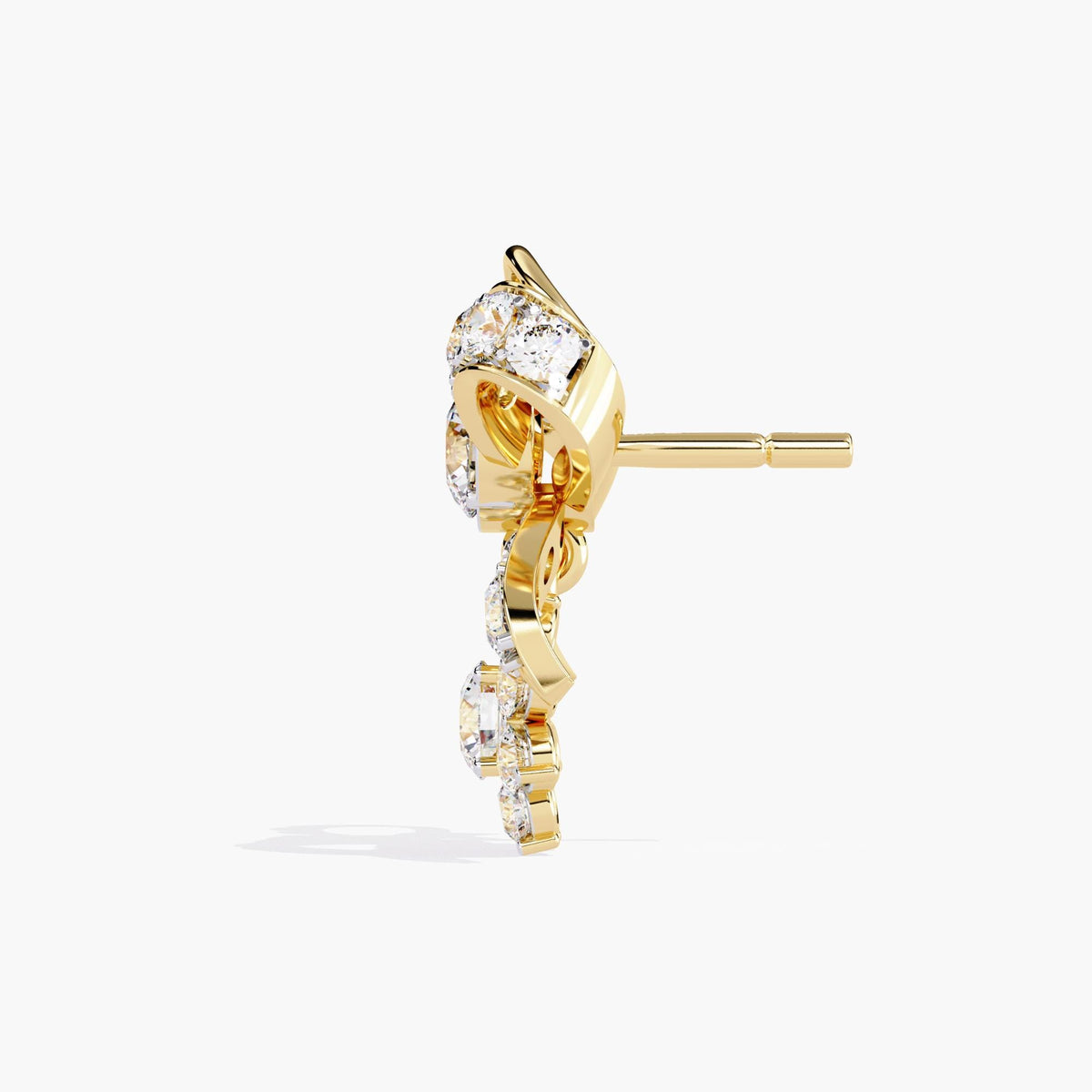 A pair of gold bow earrings with dangling clear round diamonds. The bows are made of small clear stones with gold accents.