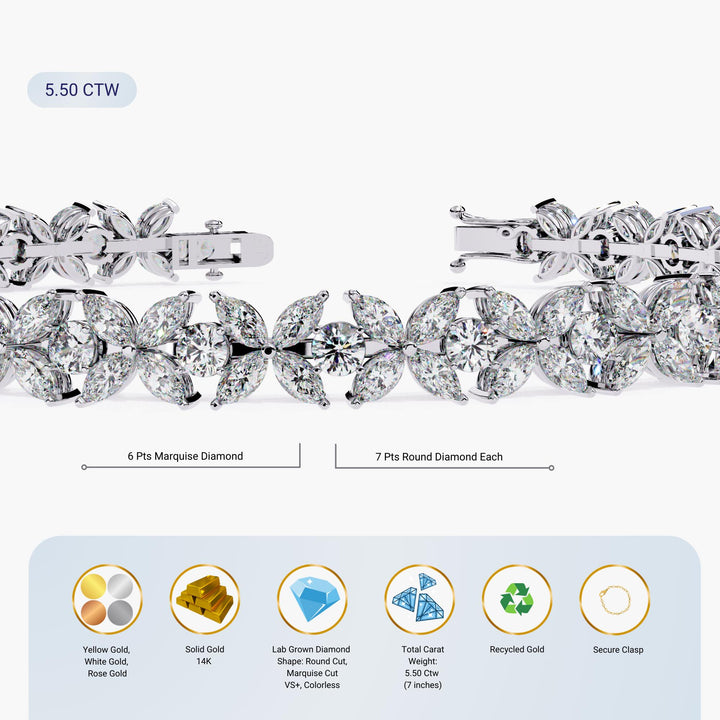 Marquise and Round Lab Grown Diamond Tennis Bracelet Diamond Flower Bracelet Perfect Wedding Jewelry Gift for Her Maid of Honor Gift