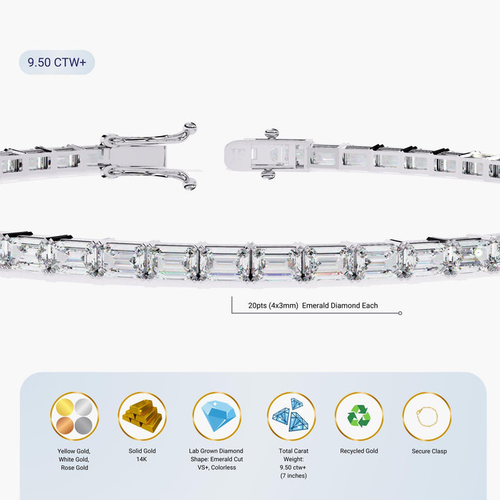 9.5 Ctw Emerald Cut Lab Grown Diamond Tennis Bracelet - 14K Gold Bridal Anniversary