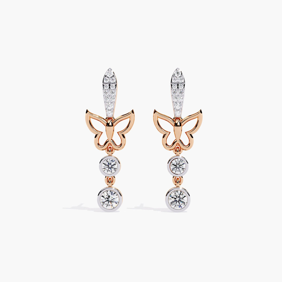 A pair of rose gold dangle earrings with a butterfly design and a drop down round cut diamonds.