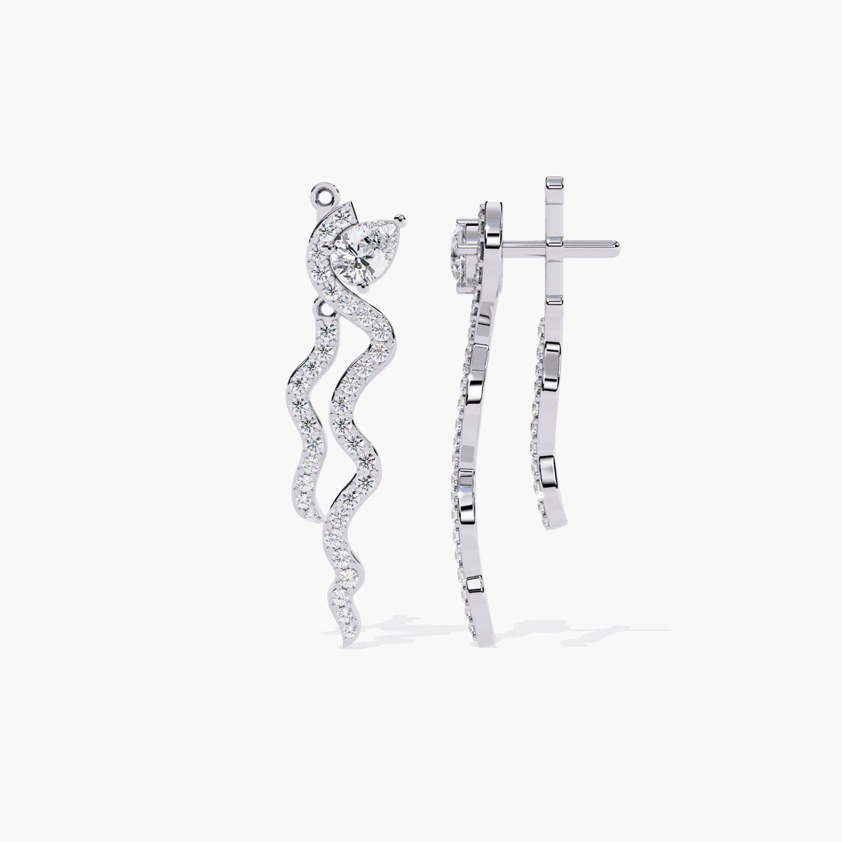 A pair of white gold diamond earrings with a spiral design. The earrings are dangling and have a thin, curved shape with small diamonds.