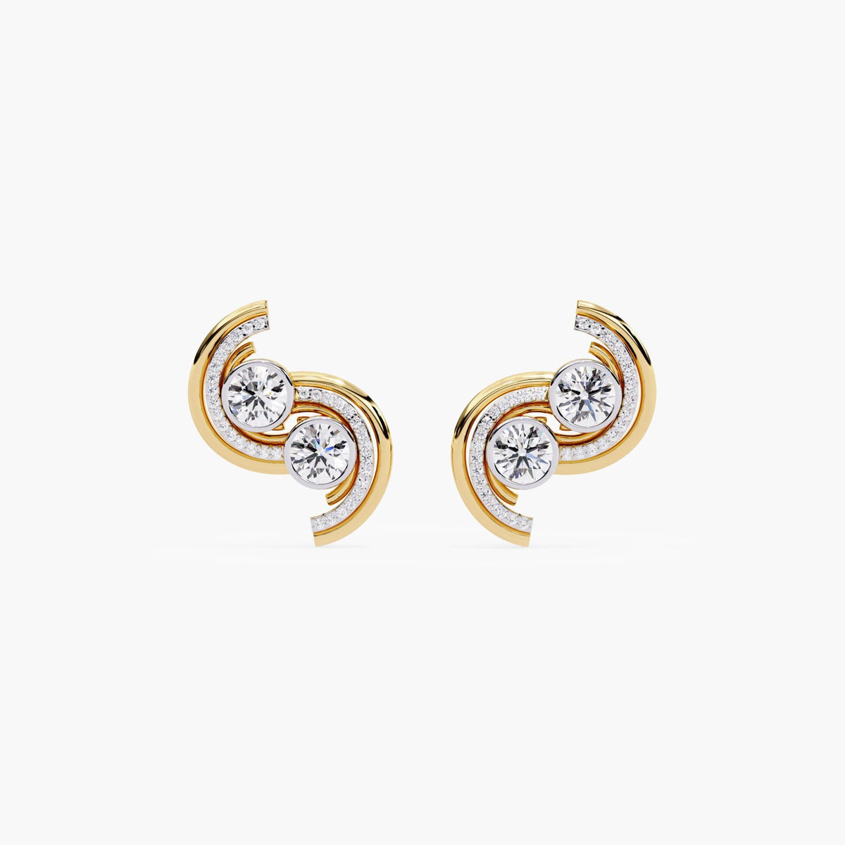 A pair of gold earrings with a curved, asymmetrical shape and diamond stones.