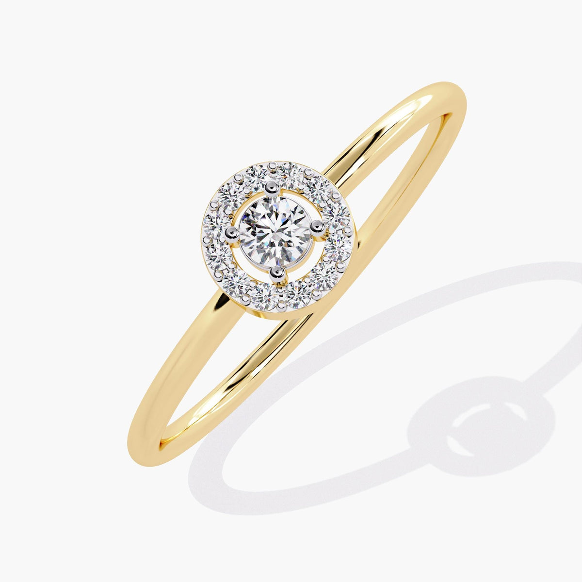A yellow gold band ring with a single round diamond set in a halo of smaller diamonds.