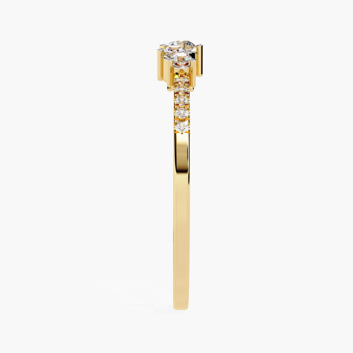 Side profile of a 14k yellow gold diamond ring, showing the height of the center cluster and pavé-set diamonds along the band.