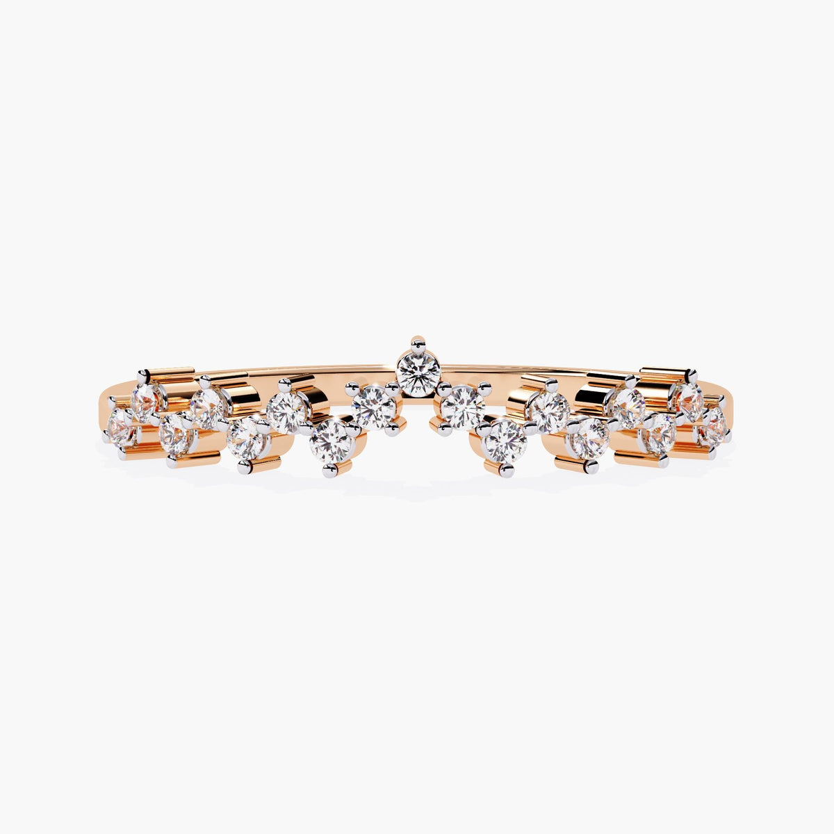 Front view of a 14k rose gold curved wedding band featuring prong-set natural round diamonds across the top in a gentle arc.