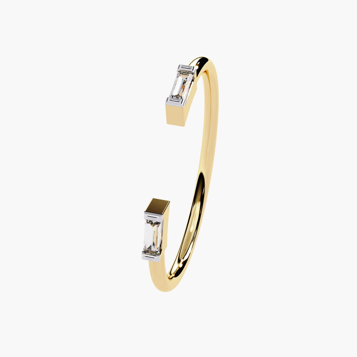 Side view of a 14K yellow gold open ring featuring two baguette-cut diamonds vertically set in rectangular prong settings. This fine jewelry piece offers a modern, stackable silhouette for everyday styling or thoughtful gifting.