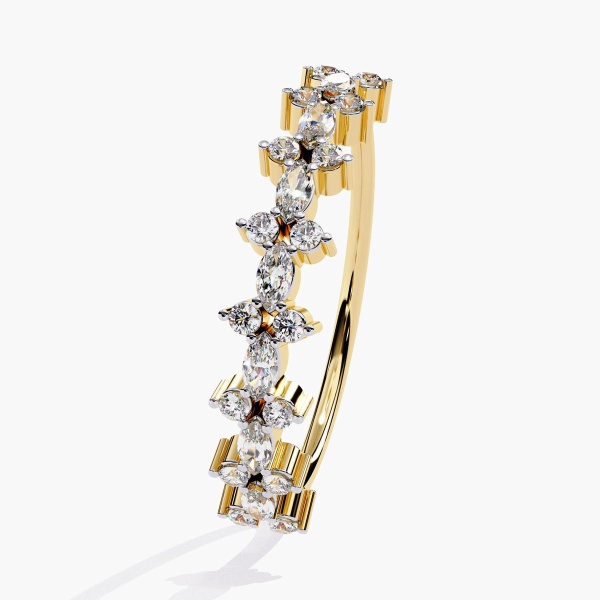 Front view of a 14k yellow gold ring featuring horizontally set marquise diamonds with round diamonds arranged in floral clusters across the top half of the band.