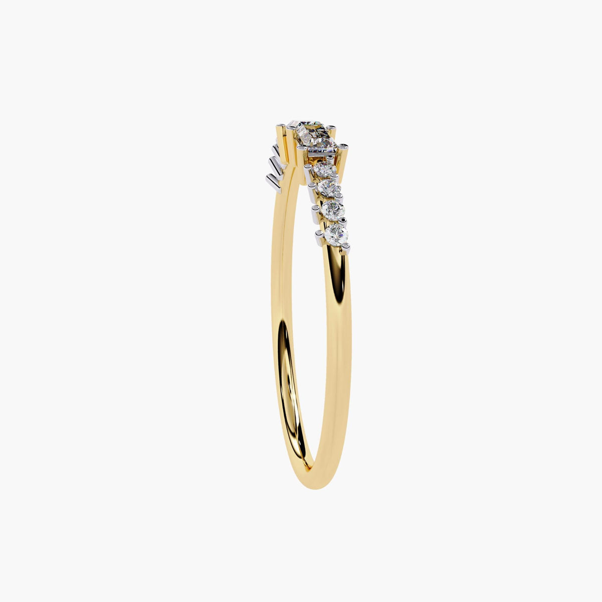 A yellow gold band ring with a baguette diamond and smaller round diamonds on the band.