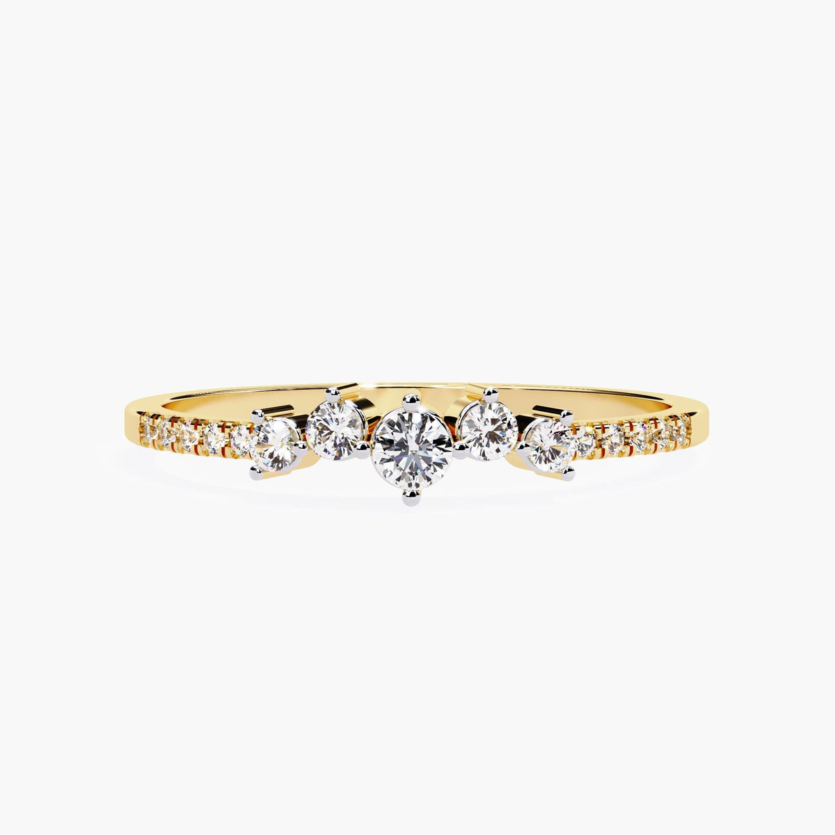 Front view of a 14k yellow gold ring with a curved row of round natural diamonds, including pavé-set side stones. A minimalist cluster ring ideal as a wedding or anniversary gift.