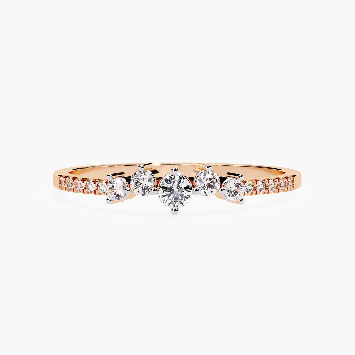 Front view of a 14k rose gold diamond cluster ring with pavé-set diamonds along the band and five round diamonds forming a gentle curve at the center.