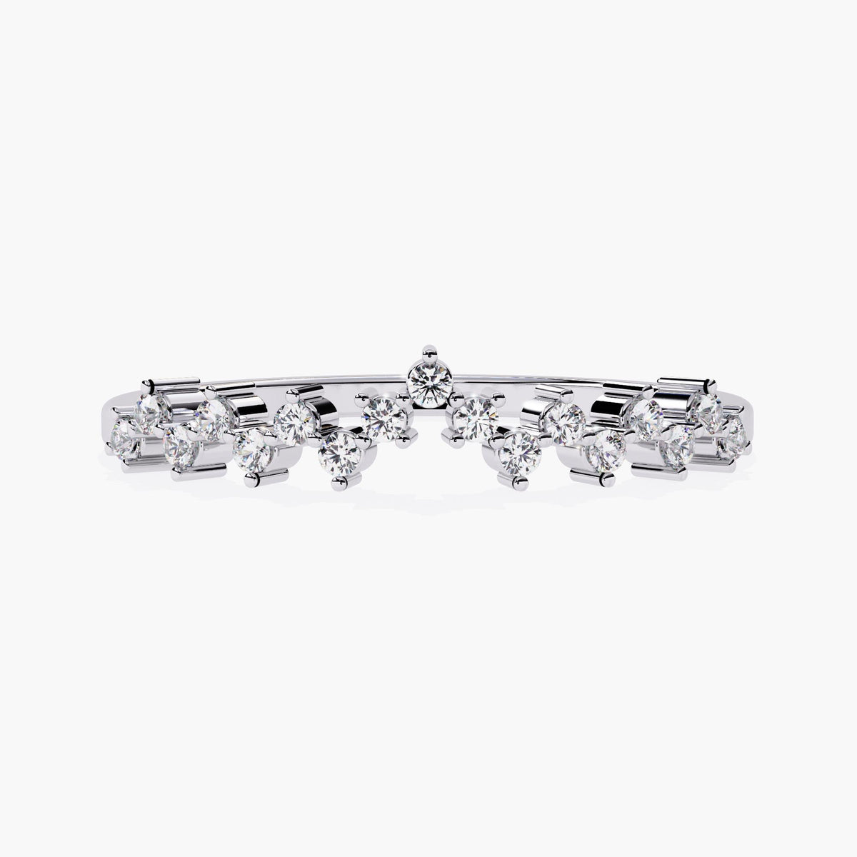 A white gold ring with a row of round diamonds set in a delicate band.