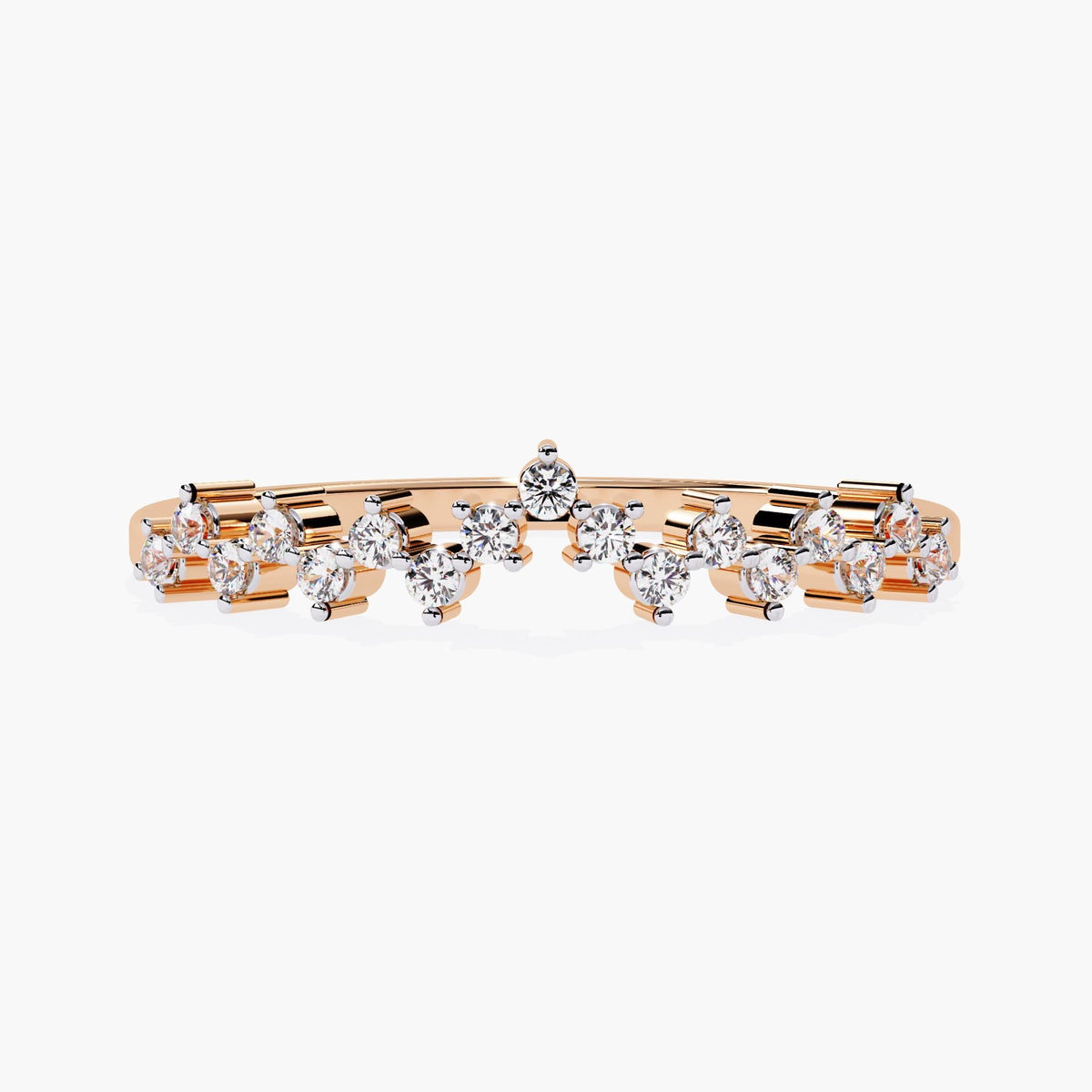 A rose gold ring with a row of round diamonds set in a delicate band.