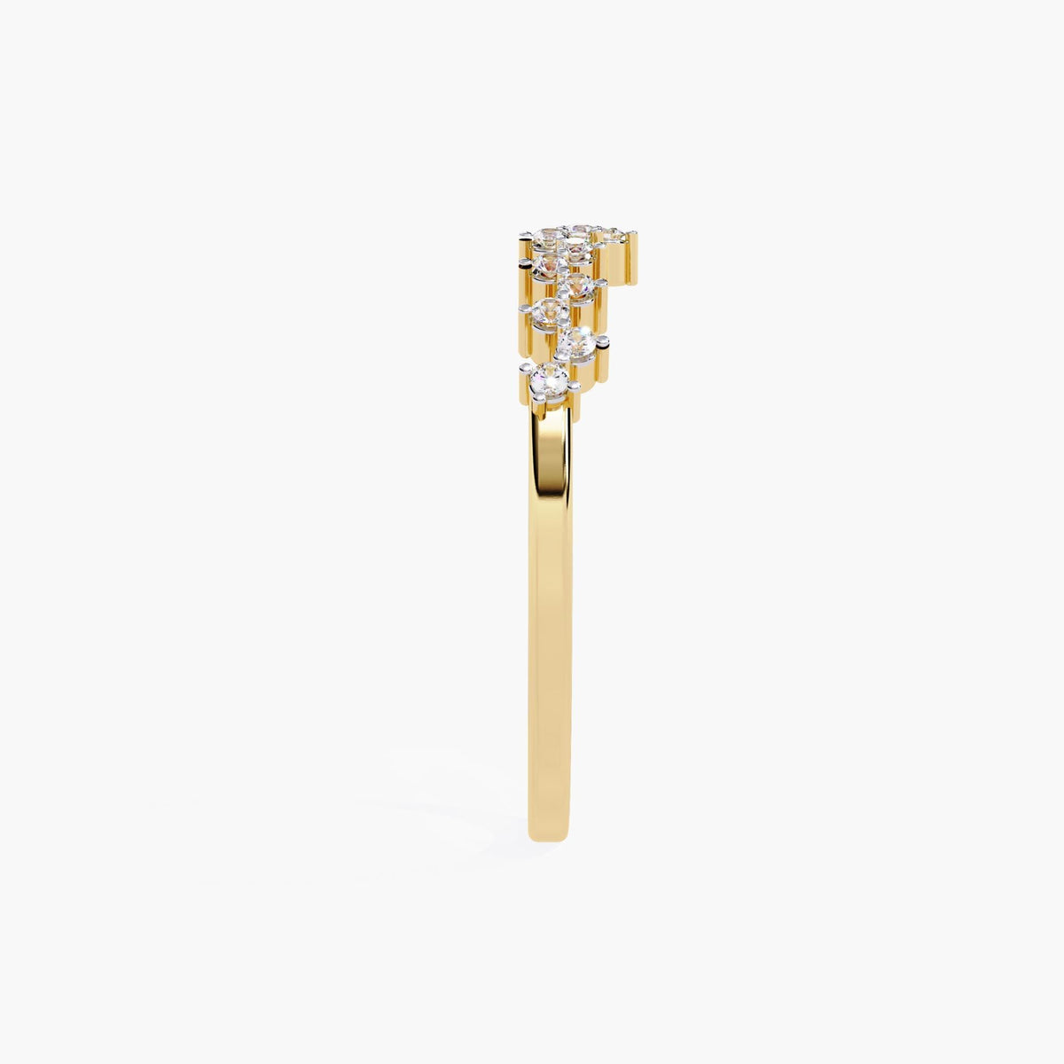 Side profile of a 14k yellow gold curved diamond ring, showing the slim gold band and prong-set natural diamonds arranged in a soft arc.