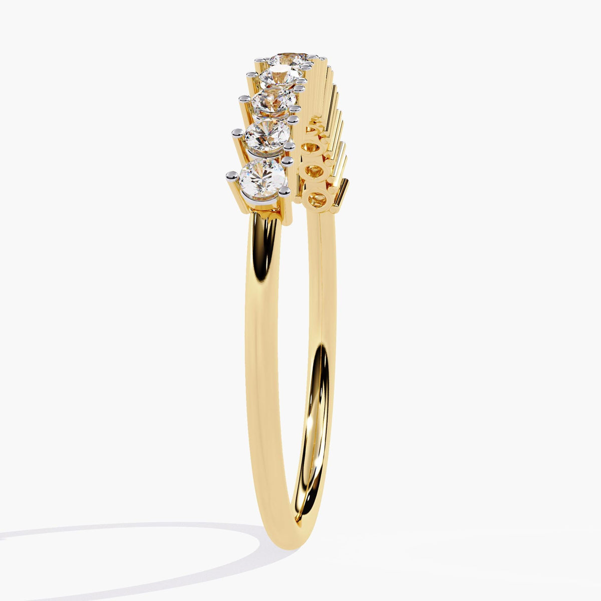 Side angle of a 14K yellow gold half-eternity ring with natural round diamonds in an open prong setting — a thoughtful choice for birthdays or everyday stacking.