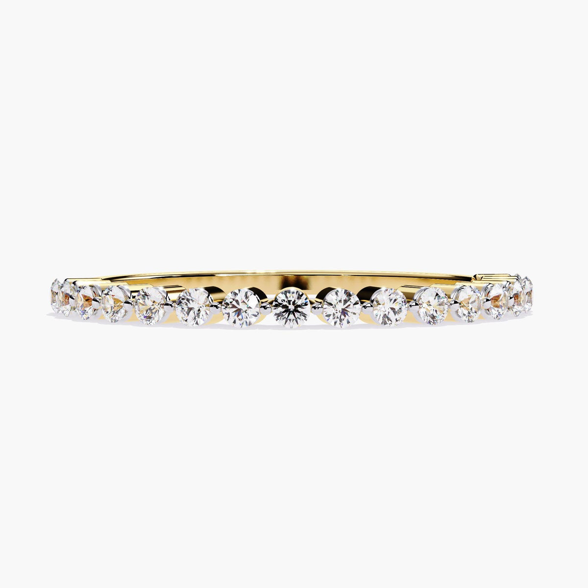 Thin 14k yellow gold single prong diamond band featuring 17 round natural diamonds. The delicate shared prong setting creates a clean, floating look—ideal for stacking, weddings, or minimalist fine jewelry lovers.