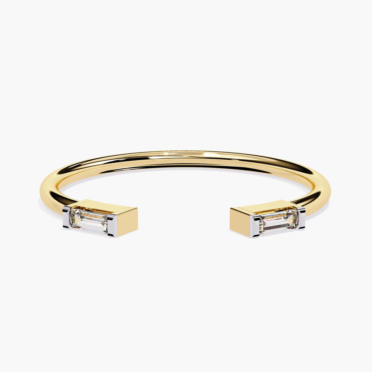 Front view of a 14k yellow gold open ring featuring two horizontal baguette diamonds bezel set at each end of the band.
