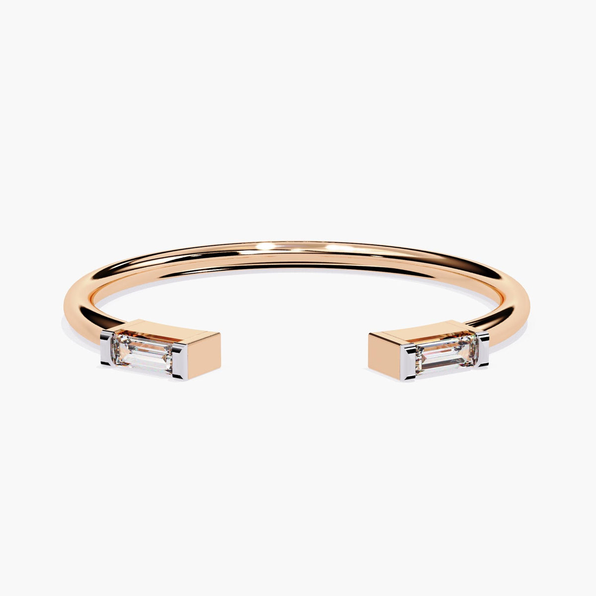 Front view of a 14k rose gold open ring featuring two baguette diamonds in bezel settings, with a sleek polished band and open front design.