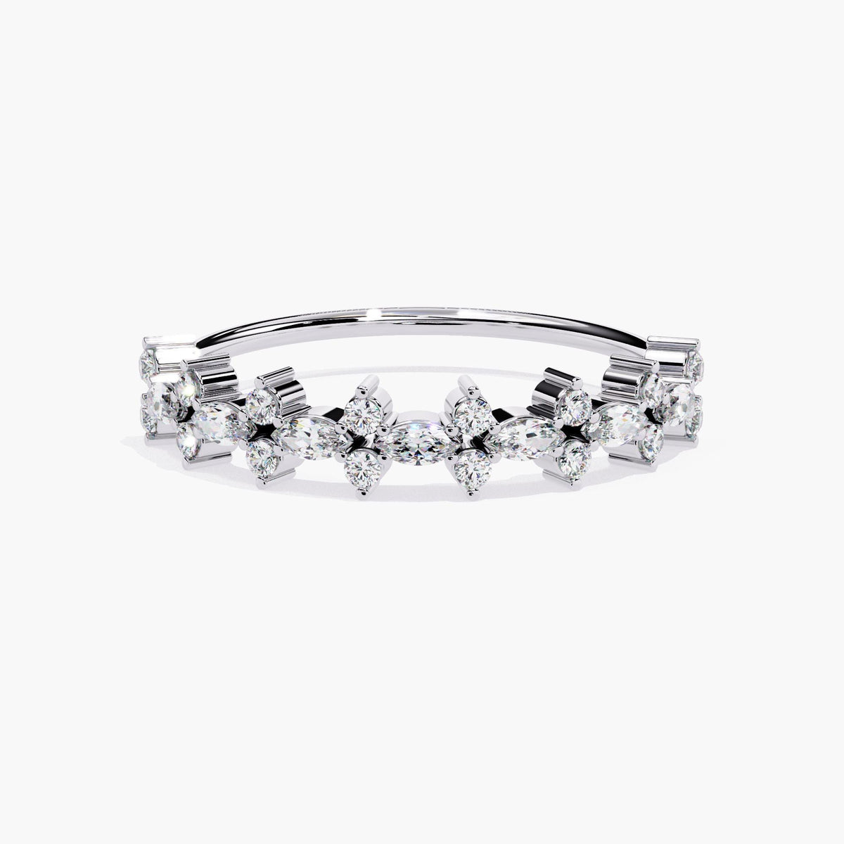 Front view of a 14k white gold diamond ring featuring east-west marquise diamonds with round diamonds in an alternating pattern. This is a half eternity ring.