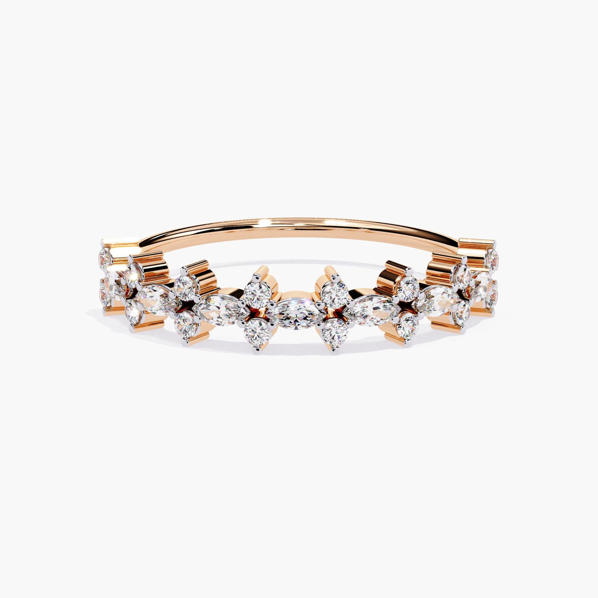 Front view of a 14k rose gold half eternity ring with east-west marquise diamonds alternating with round diamonds in a floral-inspired cluster design."