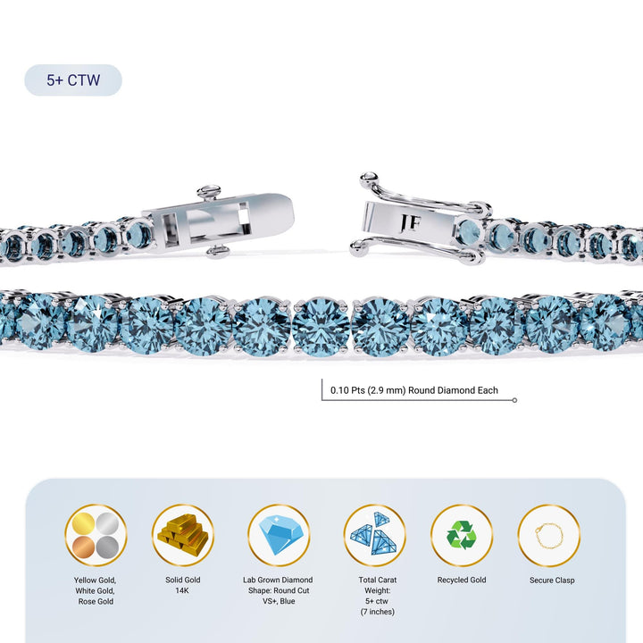 5 CTW Round Cut Lab Grown Blue Diamond Tennis Bracelet 14K Gold