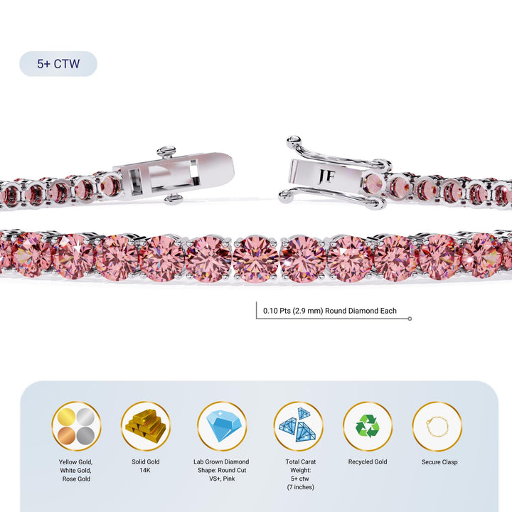 14K Gold Round Lab Grown Pink Diamond Tennis Bracelet, 5 CTW, 6.5-8.5 Inch