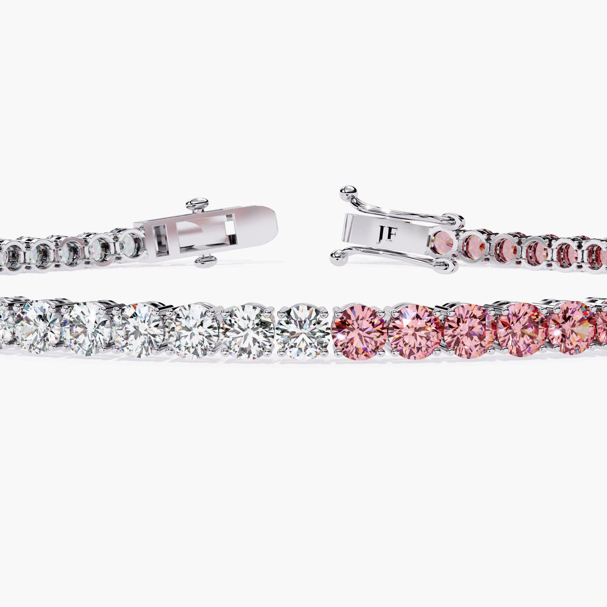 A bracelet with half round cut white diamonds and half round cut pink diamonds.