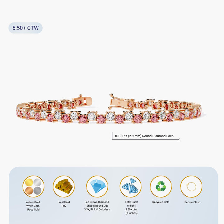 5.50ctw Pink & White Lab Grown Diamond Tennis Bracelet - 14K Gold