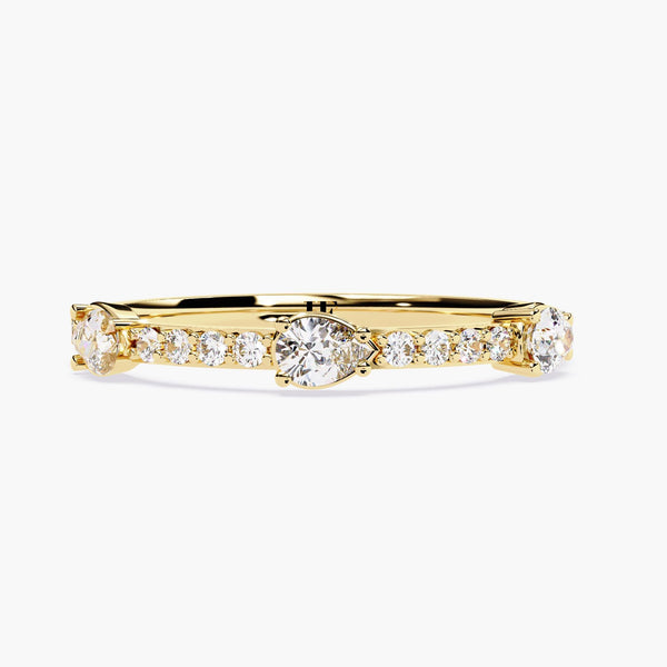 14K Gold East-West Pear Diamond Wedding Band, Dainty Stackable Ring