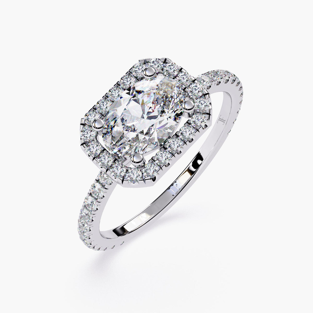 A white gold ring with an oval cut diamond center stone surrounded by a halo of smaller diamonds.